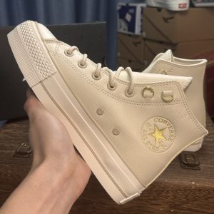 Converse Chuck Taylor All Star Lifted High Beige Leather Platform Sneakers Men Women​