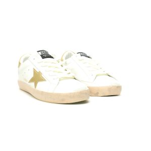 Vintage Star Distressed Low Top Sneakers White Gold Heel – Unisex Casual Retro Dirty Shoes