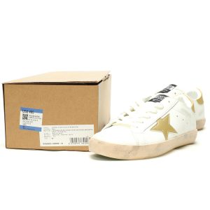 Vintage Star Distressed Low Top Sneakers White Gold Heel – Unisex Casual Retro Dirty Shoes