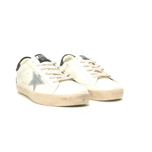Golden Goose Superstar Sneakers White Black Glitter Star Distressed Leather Golden Goose Superstar Sneakers White Black Glitter Star Distressed Leather