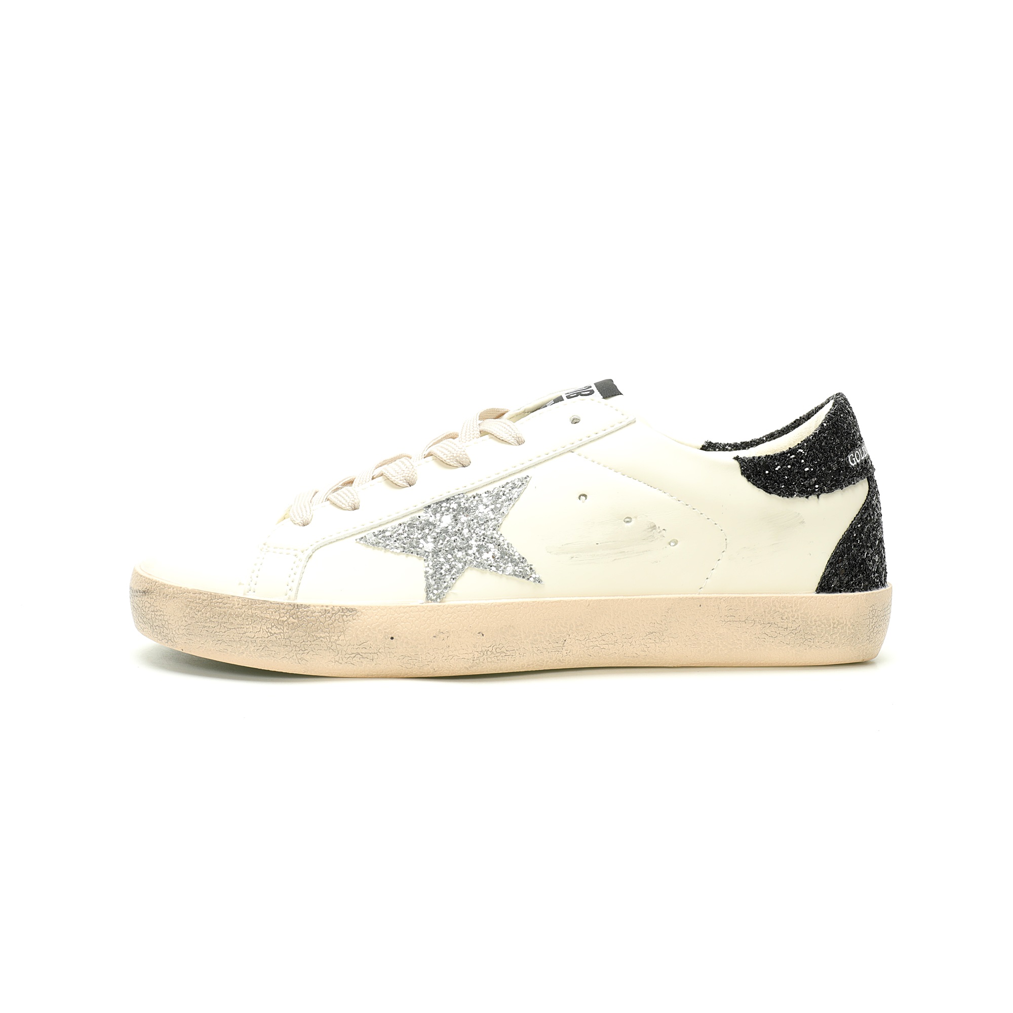 Golden Goose Superstar Sneakers White Black Glitter Star Distressed Leather Golden Goose Superstar Sneakers White Black Glitter Star Distressed Leather